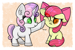 Size: 1100x733 | Tagged: safe, artist:scandianon, apple bloom, sweetie belle, earth pony, unicorn, g4, adorabloom, annoyed, boop, colored hooves, cute, diasweetes, duo, duo female, fail, female, filly, floppy ears, foal, hitmarker, horn, scrunchy face, sitting, smiling, wavy mouth