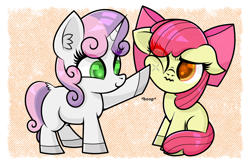 Size: 1100x733 | Tagged: safe, artist:scandianon, apple bloom, sweetie belle, earth pony, pony, unicorn, g4, adorabloom, annoyed, boop, colored hooves, cute, diasweetes, duo, duo female, fail, female, filly, floppy ears, foal, hitmarker, horn, scrunchy face, sitting, smiling, wavy mouth