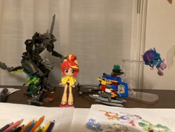 Size: 4032x3024 | Tagged: safe, sci-twi, sunset shimmer, twilight sparkle, dinosaur, human, equestria girls, g4, bionicle, clothes, doll, drawing, edalpo, equestria girls minis, kikanolo, lego, one-piece swimsuit, sandals, sarong, snorkel, snorks, swimsuit, toy, two-piece swimsuit