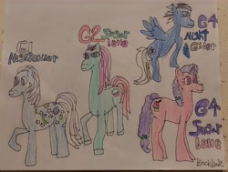 Size: 3442x2604 | Tagged: safe, artist:blackblade360, night glider, night glider (g1), sugar belle, sugar belle (g2), earth pony, pegasus, pony, unicorn, g1, g2, g4, blue coat, colored pencil drawing, curly mane, curly tail, cyan coat, evolution, flying, generation leap, horn, irl, looking at you, paper, photo, pink coat, raised hoof, signature, smiling, spread wings, tail, traditional art, two toned mane, two toned tail, white mane, white tail, wings