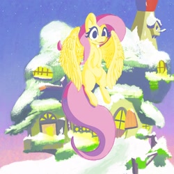 Size: 2048x2048 | Tagged: safe, artist:boneappleteeth, fluttershy, pony, g4, fluttershy's cottage, snow, solo, spread wings, wings, winter