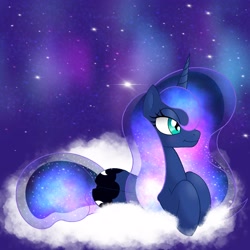 Size: 3000x3000 | Tagged: safe, artist:boneappleteeth, princess luna, alicorn, pony, g4, cloud, ethereal mane, female, mare, on a cloud, solo, starry mane, stars