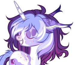 Size: 840x733 | Tagged: safe, artist:bubuska_moua, oc, oc only, oc:estel moonborn, pony, unicorn, eyes closed, female, horn, mare, multicolored coat, multicolored hair, purple coat, simple background, smiling, solo, unicorn oc, white background, white coat