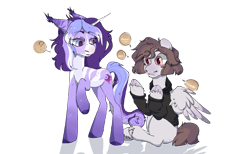Size: 1328x816 | Tagged: safe, artist:otstante_ya_sply, oc, oc only, oc:estel moonborn, pegasus, pony, unicorn, brown mane, brown tail, clothes, duo, duo female, female, gray coat, hooves, horn, mare, purple coat, purple mane, raised hoof, shirt, simple background, sitting, tail, transparent background, white coat