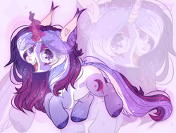 Size: 1764x1336 | Tagged: safe, artist:ralphstormyy, oc, oc only, oc:estel moonborn, pony, unicorn, abstract background, cutie mark, female, horn, mare, open mouth, open smile, purple coat, purple mane, purple tail, smiling, solo, tail, unicorn oc