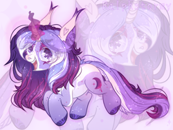 Size: 1764x1336 | Tagged: safe, artist:ralphstormyy, oc, oc only, oc:estel moonborn, pony, unicorn, abstract background, female, horn, mare, open mouth, open smile, purple coat, purple mane, purple tail, smiling, solo, tail, unicorn oc, zoom layer