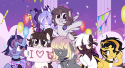 Size: 4601x2512 | Tagged: safe, artist:bodryak04, oc, oc only, oc:estel moonborn, earth pony, pegasus, pony, unicorn, balloon, black mane, brown coat, brown mane, detailed background, eyes closed, gray coat, group, horn, open mouth, open smile, purple coat, purple mane, raised hoof, smiling, teeth, white coat, white mane, yellow coat, yellow mane