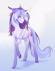 Size: 1685x2160 | Tagged: safe, artist:hiolies, oc, oc only, oc:estel moonborn, pony, unicorn, coat markings, full body, gradient background, horn, purple coat, purple mane, raised hoof, solo, unicorn oc