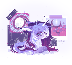 Size: 717x649 | Tagged: safe, artist:waihgt, oc, oc only, oc:estel moonborn, pony, unicorn, abstract background, digital art, horn, lidded eyes, pixel-crisp art, purple coat, simple background, solo, unicorn oc, white background