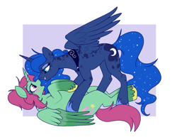 Size: 1163x898 | Tagged: safe, artist:lulubell, princess luna, oc, oc:aria starsong, alicorn, alicorn oc, canon x oc, horn, looming over, nose to nose, pinned down, wings