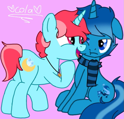 Size: 561x537 | Tagged: safe, oc, oc:wolf blake, unnamed oc, unicorn, clothes, cutie mark, horn, jewelry, looking at each other, looking at someone, necklace, scarf, sitting, smiling, unamused