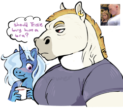 Size: 2316x2030 | Tagged: safe, artist:stimpower, bulk biceps, trixie, pegasus, unicorn, anthro, g4, blushing, coffee mug, duo, duo male and female, female, girl staring at guy's chest, hair over one eye, horn, male, mare, meme, mug, muscles, muscular male, shipping, simple background, stallion, straight, thought bubble, trixbulk, white background