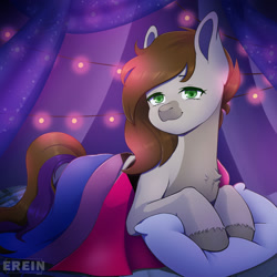 Size: 2000x2000 | Tagged: safe, alternate character, alternate version, artist:erein, oc, oc only, oc:cj vampire, earth pony, pony, bedroom, brown mane, chest fluff, commission, demibisexual, demisexual pride flag, ears up, earth pony oc, flag, garland, green eyes, high res, indoors, lgbt, looking at you, night, pillow, pride, pride flag, pride month, room, smiling, smiling at you, solo, string lights, tail, ych result