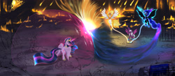 Size: 3960x1724 | Tagged: safe, artist:darksly, daybreaker, nightmare moon, opaline arcana, twilight sparkle, alicorn, pony, g4, g5, atg 2024, book, chains, crying, female, force field, magic, magic aura, mare, newbie artist training grounds, older, older twilight, older twilight sparkle (alicorn), princess twilight 2.0, twilight sparkle (alicorn), wip