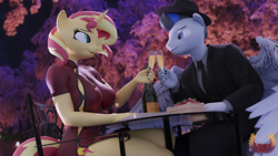 Size: 3840x2160 | Tagged: safe, alternate character, alternate version, artist:loveslove, sunset shimmer, oc, pegasus, unicorn, anthro, g4, 3d, alcohol, blurry background, bottomless, braless, breasts, busty sunset shimmer, canon x oc, champagne, champagne glass, clothes, commission, date, dress, drink, duo, duo male and female, female, food, glass, hat, high res, horn, looking at each other, looking at someone, male, nail polish, no panties, no underwear, shipping, sitting, straight, strawberry, wine, wine glass, wings, ych result