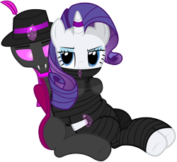 Size: 2500x2290 | Tagged: safe, artist:cardshark777, rarity, oc, oc:card shark, changeling, unicorn, g4, bandage, bondage, changeling oc, cloth gag, dominant, duo, duo male and female, eyeshadow, fangs, feather, fedora, female, femsub, gag, hat, holeless, horn, horn ring, hug, hug from behind, lidded eyes, looking at each other, looking at someone, magic, magic suppression, makeup, male, male and female, maledom, mummification, mummified, pink changeling, ring, simple background, sitting, submissive, telekinesis, tied up, transparent background, wrapped up