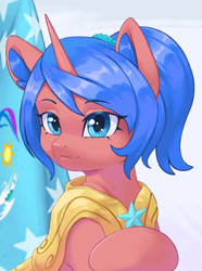 Size: 3120x4200 | Tagged: safe, artist:闪电_lightning, oc, oc only, oc:heavy halbard, pony, unicorn, armor, bust, colored ear fluff, eyebrows, eyebrows visible through hair, female, flag of equestria, guardsmare, horn, mare, royal guard, solo
