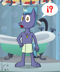 Size: 2072x2500 | Tagged: safe, artist:gradiusfanatic, oc, oc only, oc:strenshoe starry, earth pony, anthro, bathtub, earth pony oc, jewelry, male, necklace, photo, solo, towel