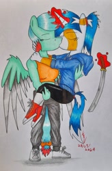 Size: 1800x2743 | Tagged: safe, artist:thecrimsonspark, oc, oc only, oc:murky silentium, oc:watercolor (the coco clan), pegasus, unicorn, anthro, blade, carrying, clothes, couple, duo, duo female, female, holding, horn, katana, kissing, lesbian, magic, simple background, spread wings, sword, telekinesis, traditional art, weapon, white background, wings
