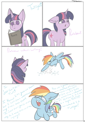 Size: 2852x4068 | Tagged: safe, artist:tkshoelace, rainbow dash, twilight sparkle, pegasus, pony, unicorn, g4, book, comic, crying, duo, duo female, female, floppy ears, horn, simple background, spread wings, stomping, text, white background, wings