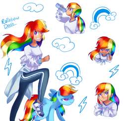 Size: 2160x2100 | Tagged: safe, artist:andromedasparkz, rainbow dash, human, pegasus, pony, g4, alternate hairstyle, bottle, clothes, female, grin, human ponidox, humanized, mare, pants, ponytail, self paradox, self ponidox, shirt, shoes, smiling, sneakers, solo, sweatpants, water, water bottle