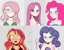 Size: 1849x1441 | Tagged: safe, artist:trash-art06, fluttershy, pinkie pie, rarity, sunset shimmer, human, alternate hairstyle, bedroom eyes, black underwear, blue underwear, blushing, bra, breasts, clothes, female, gray background, green underwear, hair over one eye, humanized, open mouth, pinkamena diane pie, purple underwear, simple background, underwear, white underwear