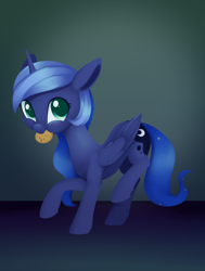 Size: 1596x2109 | Tagged: safe, artist:dusthiel, princess luna, alicorn, pony, g4, atg 2024, blushing, cookie, female, folded wings, food, mare, mouth hold, newbie artist training grounds, solo, wings