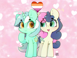 Size: 4000x3000 | Tagged: safe, artist:zokkili, bon bon, lyra heartstrings, sweetie drops, earth pony, pony, unicorn, g4, :3, abstract background, blushing, duo, ear fluff, female, heart, high res, horn, lesbian, lesbian pride flag, owo, pride, pride flag, ship:lyrabon, shipping, smiling