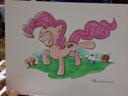 Size: 1024x768 | Tagged: safe, artist:thom zahler, pinkie pie, earth pony, pony, g4, 2013, commission, cupcake, eyes closed, female, food, grin, mare, raised hoof, raised leg, signature, smiling, solo, tail, traditional art, wondercon, wondercon 2013