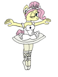 Size: 828x1104 | Tagged: safe, artist:capricorndiem456, fluttershy, bird, swan, anthro, g4, alternate hairstyle, arms spread out, ballerina, ballet, clothes, en pointe, feather, flutterina, headdress, jewelry, legs together, looking at you, odette, one eye closed, simple background, smiling, smiling at you, solo, swan lake, tiara, tutu, white background, white swan, wink, winking at you