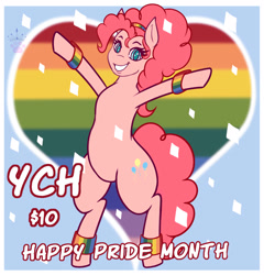 Size: 1200x1250 | Tagged: safe, artist:queenkittyok, pinkie pie, earth pony, pony, g4, bipedal, commission, female, happy pride month, heart, heart background, mare, photo, pride, pride flag, pride month, solo, ych example, ych result