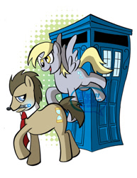 Size: 600x776 | Tagged: safe, artist:thom zahler, derpy hooves, doctor whooves, time turner, earth pony, pegasus, pony, g4, 2013, doctor who, duo, duo male and female, female, flying, lidded eyes, male, mare, necktie, open mouth, open smile, raised hoof, smiling, sonic screwdriver, spread wings, stallion, tail, tardis, watermark, wings