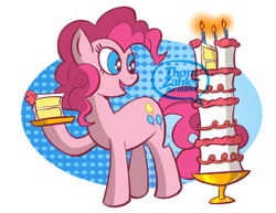 Size: 600x463 | Tagged: safe, artist:thom zahler, pinkie pie, earth pony, pony, g4, 2013, cake, candle, female, food, mare, open mouth, open smile, plate, raised hoof, smiling, solo, tail, watermark