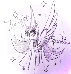 Size: 2388x2486 | Tagged: safe, artist:astralune, twilight sparkle, alicorn, pony, g4, eyelashes, pencil drawing, sketch, smiling, solo, sparkles, spread wings, text, traditional art, twilight sparkle (alicorn), wings