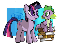 Size: 600x463 | Tagged: safe, artist:thom zahler, spike, twilight sparkle, dragon, pony, unicorn, g4, 2013, book, duo, duo male and female, female, horn, looking at each other, looking at someone, male, mare, open mouth, open smile, sitting, smiling, tail, unicorn twilight, watermark