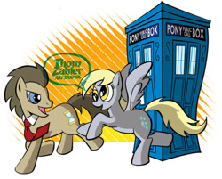 Size: 600x483 | Tagged: safe, artist:thom zahler, derpy hooves, doctor whooves, time turner, earth pony, pegasus, pony, g4, 2013, commission, doctor who, duo, duo male and female, female, male, mare, necktie, open mouth, open smile, raised hoof, raised hooves, raised leg, smiling, spread wings, stallion, tail, tardis, watermark, wings