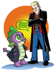 Size: 600x779 | Tagged: safe, artist:thom zahler, spike, dragon, undead, vampire, g4, 2013, belt, buffy the vampire slayer, clothes, crossed arms, crossover, duo, duo male, hand on hip, jacket, light skin, looking at each other, looking at someone, looking down, looking up, male, namesake, open mouth, pants, pun, shirt, shoes, spike (buffyverse), tail, visual pun, watermark