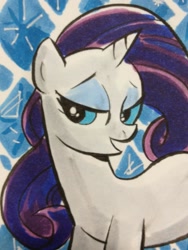 Size: 769x1024 | Tagged: safe, artist:thom zahler, rarity, pony, unicorn, g4, c2e2, c2e2 2013, female, horn, lidded eyes, mare, open mouth, open smile, sketchcard, smiling, solo, traditional art