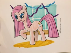 Size: 1024x768 | Tagged: safe, artist:thom zahler, pinkie pie, earth pony, pony, g4, party of one, 2013, c2e2, c2e2 2013, female, looking down, mare, open mouth, open smile, pinkamena diane pie, raised hoof, signature, smiling, solo, tail, traditional art