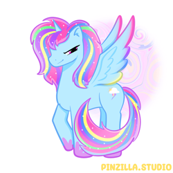 Size: 640x640 | Tagged: safe, artist:pinzillastudio, oc, oc only, alicorn, pony, g4, alicorn oc, colored wings, colored wingtips, female, fusion, fusion:dashlestia, fusion:princess celestia, fusion:rainbow dash, gauntlet, horn, multicolored hair, raised hoof, simple background, smiling, smirk, solo, sparkling mane, spread wings, white background, wings