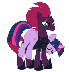 Size: 1985x2051 | Tagged: safe, alternate version, artist:gmaplay, fizzlepop berrytwist, tempest shadow, twilight sparkle, alicorn, pony, unicorn, g4, my little pony: the movie, broken horn, butt, defeated, dock, duo, duo female, face down ass up, female, flank, horn, plot, simple background, tail, transparent background, twibutt, twilight sparkle (alicorn), unconscious, victorious villain