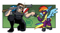 Size: 600x336 | Tagged: safe, artist:thom zahler, rainbow dash, human, pegasus, pony, g4, luna eclipsed, 2013, cigar, clothes, costume, crossover, domino mask, duo, duo male and female, emanata, female, fist bump, gun, male, mare, nightmare night costume, on one knee, open mouth, open smile, pants, shadowbolt dash, shadowbolts costume, shirt, smiling, smoke, smoking, spread wings, tail, the comedian, watchmen, watermark, weapon, wings