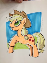 Size: 768x1024 | Tagged: safe, artist:thom zahler, applejack, earth pony, pony, g4, 2013, applejack's hat, cowboy hat, hat, looking up, open mouth, open smile, raised hoof, signature, smiling, traditional art