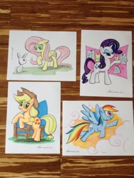Size: 768x1024 | Tagged: safe, artist:thom zahler, angel bunny, applejack, fluttershy, rainbow dash, rarity, earth pony, pegasus, pony, unicorn, g4, 2013, applejack's hat, commission, cowboy hat, denver comic con 2013, eyeshadow, fan expo denver, female, fence, floppy ears, flying, folded wings, freckles, hat, horn, lidded eyes, makeup, male, mare, open mouth, open smile, photo, raised hoof, rearing, signature, smiling, spread wings, tail, traditional art, wings