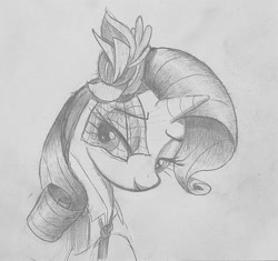 Size: 1522x1429 | Tagged: safe, artist:anonymous, rarity, pony, unicorn, g4, rarity investigates, female, flower, flower in hair, grayscale, horn, looking at you, mare, monochrome, pencil drawing, solo, traditional art, veil