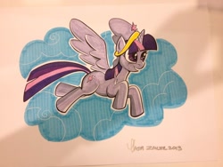 Size: 1024x768 | Tagged: safe, artist:thom zahler, twilight sparkle, alicorn, pony, g4, 2013, female, heroescon, heroescon 2013, horn, mare, open mouth, open smile, signature, smiling, spread wings, tail, traditional art, twilight sparkle (alicorn), wings