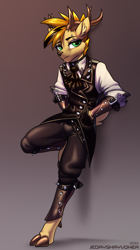 Size: 1680x3000 | Tagged: safe, artist:jedayskayvoker, oc, oc:laurits rutger, deer, anthro, antlers, clothes, colored sketch, crotch bulge, deer oc, goth, gradient background, hand in pocket, hooves, looking at you, makeup, male, non-pony oc, outfit, patreon, patreon reward, shirt, sketch, solo