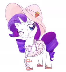 Size: 1916x2107 | Tagged: artist needed, safe, rarity, pony, unicorn, g4, blushing, clothes, hat, horn, looking at you, one eye closed, see-through, simple background, solo, swimsuit, traditional art, white background, wink, winking at you