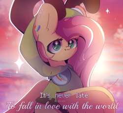 Size: 2600x2400 | Tagged: safe, artist:miryelis, fluttershy, pegasus, pony, antonymph, vylet pony, :3, big ears, clothes, cute, female, headphones, long hair, looking at you, mare, shyabetes, sky, solo, text