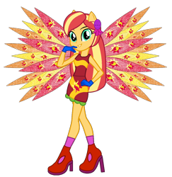 Size: 1000x1030 | Tagged: safe, artist:ketrin29, artist:user15432, sunset shimmer, fairy, equestria girls, g4, alternate hairstyle, base used, clothes, colored wings, crossover, cutie mark on clothes, dress, eastrix, fairy wings, fairyized, gloves, hand on hip, high heels, looking at you, ponied up, red dress, red wings, shoes, simple background, smiling, sparkly wings, transparent background, wings, winx, winx club, winxified